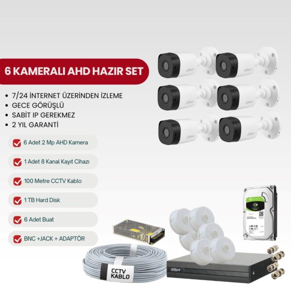 DAHUA 6 KAMERALI AHD TAK-ÇALIŞTIR 2MP FULL-HD SET (DH-2AHD6)