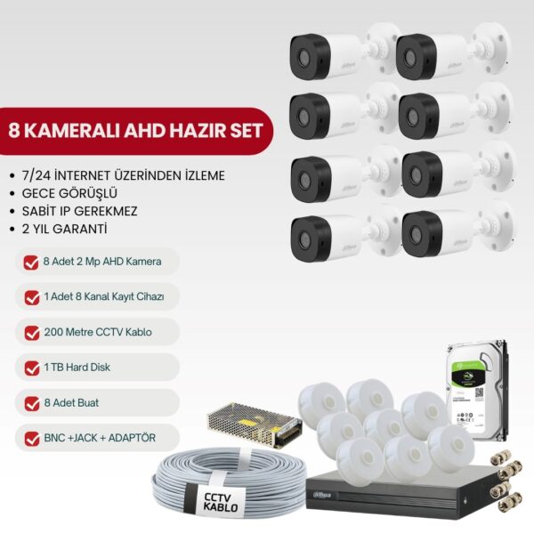 DAHUA 8 KAMERALI AHD TAK-ÇALIŞTIR 2MP FULL-HD SET (DH-2AHD8)